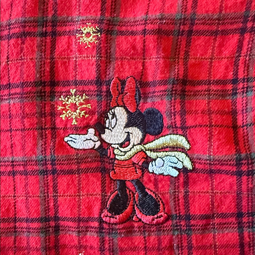 Disney woman’s Minnie Mouse large long sleeve red black ruffle plaid nightgown